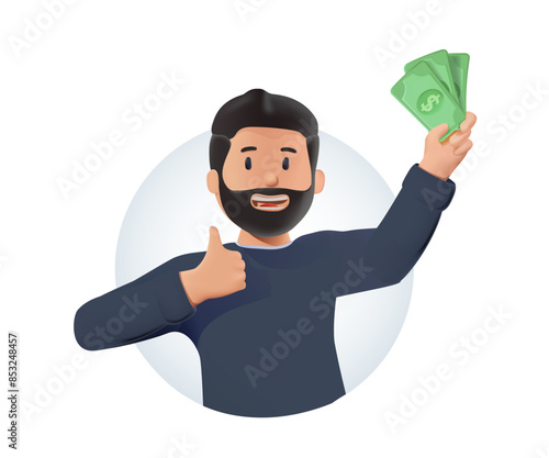 Happy business man holds money in hands. Joyful man with banknotes of money in his hands. The concept of wealth. Vector illustration in cartoon style. Business success, goal achievement. 3d vector