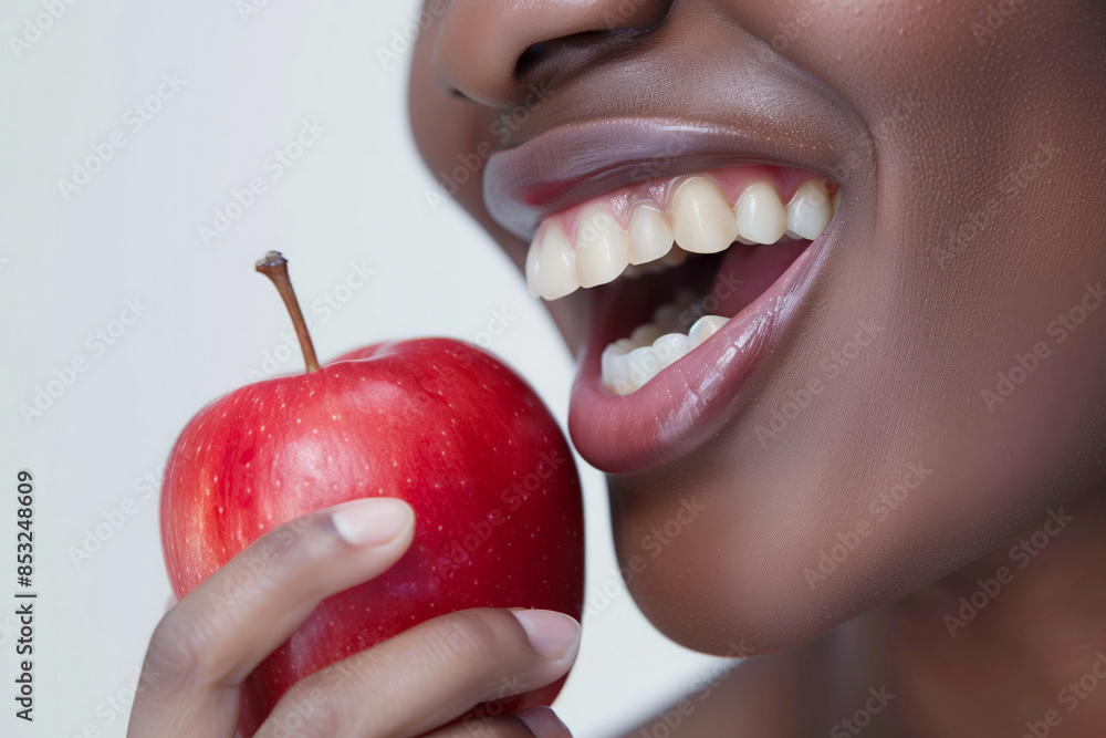 Beautiful black girl biting into a red apple, representing diet and dental health Beautiful black girl biting into a red apple, representing diet and dental health