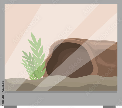 Modern glass terrarium for reptiles or amphibians with substrate, decorative plant and log, waiting its new owner
