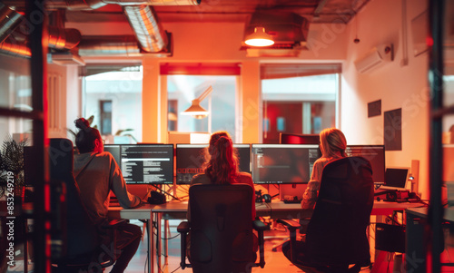 Modern and collaborative workspace housing an editorial multicultural team dedicated to fact-checking and journalistic integrity, with technology for thorough research.