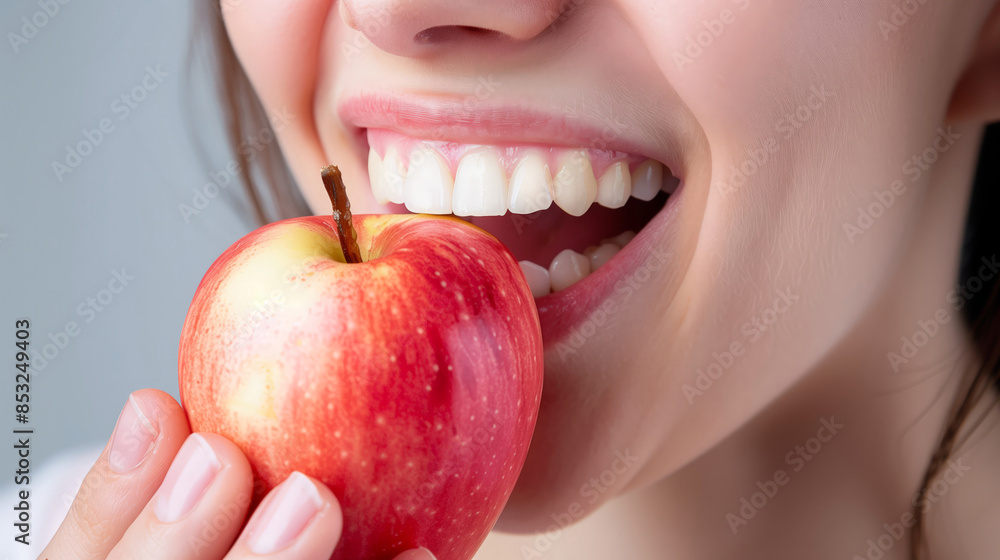 Happy woman biting into a red apple, promoting health and dental care Happy woman biting into a red apple, promoting health and dental care