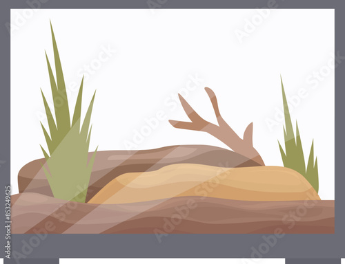 Empty terrarium with sand, a snag and plants is waiting for its new owner to put an animal inside