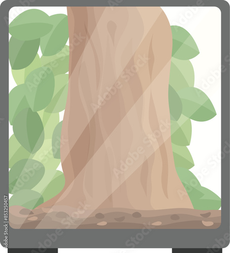 Glass terrarium housing a thriving ecosystem with lush green plants and a sturdy tree trunk, showcasing the beauty of nature indoors
