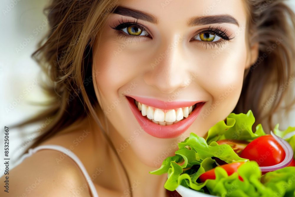 Smiling girl eats a healthy vegetable salad, vegetarian lifestyle Smiling girl eats a healthy vegetable salad, vegetarian lifestyle
