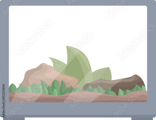 Glass terrarium with substrate, rocks, and plants inside, ready for a pet to inhabit