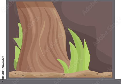 Glass terrarium with a natural substrate, plants, and a tree trunk, creating a suitable environment for reptiles