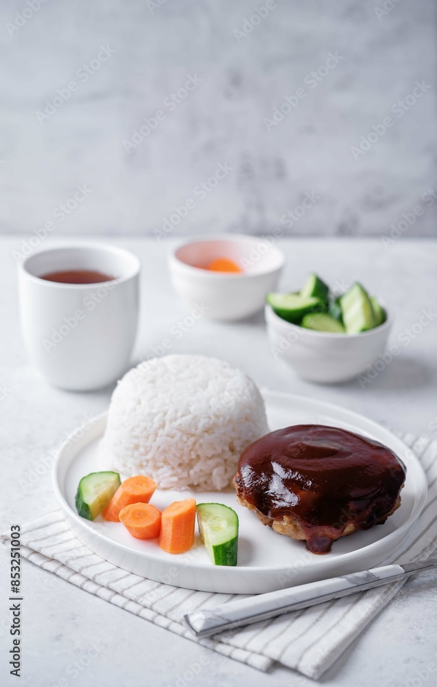 Asian meet hamburger with sauce, rice and vegetables in a plate Asian meet hamburger with sauce, rice and vegetables in a plate