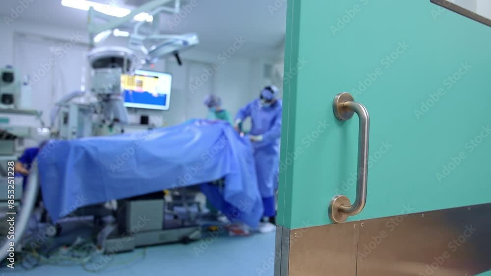 Ajar doors to a modern surgery room. Surgeon works at the head of the patient. Blurred backdrop. Ajar doors to a modern surgery room. Surgeon works at the head of the patient. Blurred backdrop.