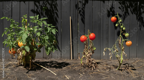 Two tomato plants. One has been supported by stakes and is full of good tomatoes. The other is unsupported by stakes, sprawls on the ground, and has rotten fruit photo