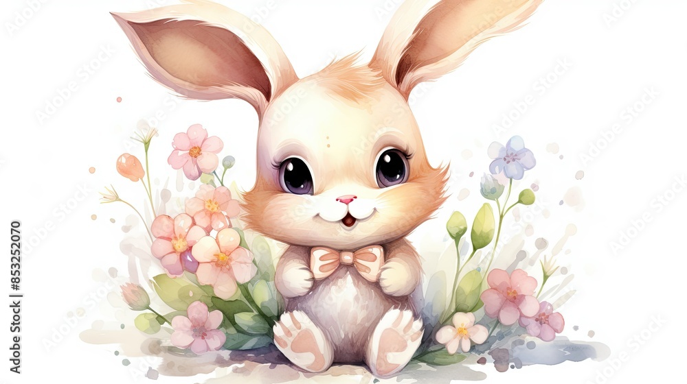 Cute cartoon bunny holding spring flowers Cute cartoon bunny holding spring flowers