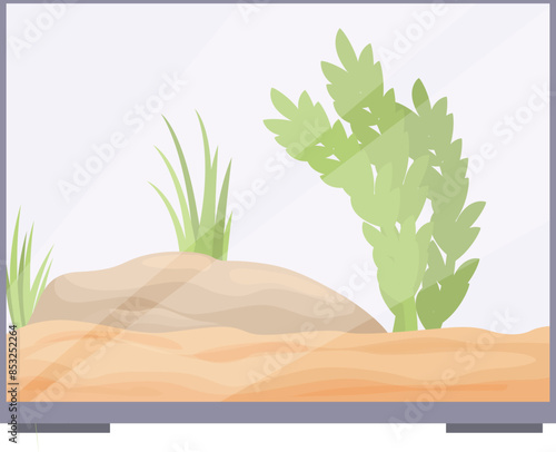 Glass terrarium with sand substrate, plants and a basking spot for keeping reptiles