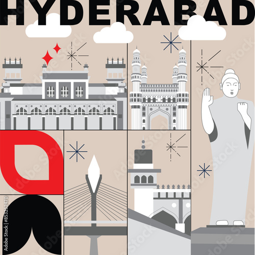 Hyderabad culture travel set, famous architectures and specialties in flat design. Business travel and tourism concept clipart. Image for presentation, banner, website, advert, flyer, roadmap, icons