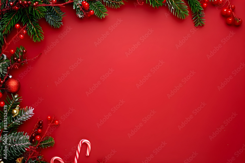 Elegant New Year's red background frame with New Year's balls and Christmas tree branches. Happy New Year and Merry Christmas greeting card. Elegant New Year's red background frame with New Year's balls and Christmas tree branches. Happy New Year and Merry Christmas greeting card.