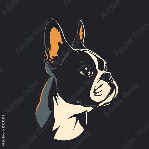 boston terrier, simple vector logo with thick outlines and flat colors on dark background, cute dog portrait in profile, t-shirt design