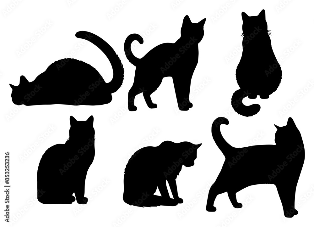 Vector illustration. Silhouettes of black cats. Set of animal stickers. Large set Vector illustration. Silhouettes of black cats. Set of animal stickers. Large set