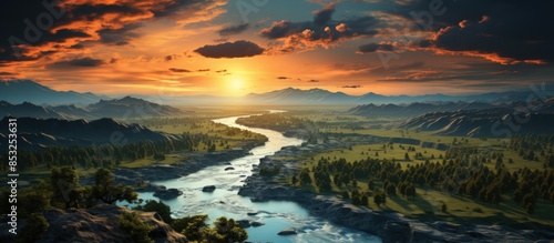 Panoramic view of the river and mountains at sunset, © Adobe