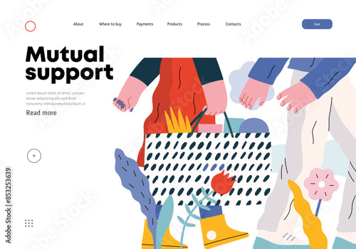 Mutual Support: Helping carry a heavy bag -modern flat vector concept illustration of a woman carrying shopping bag being assisted by man. Metaphor of voluntary, collaborative exchanges of services