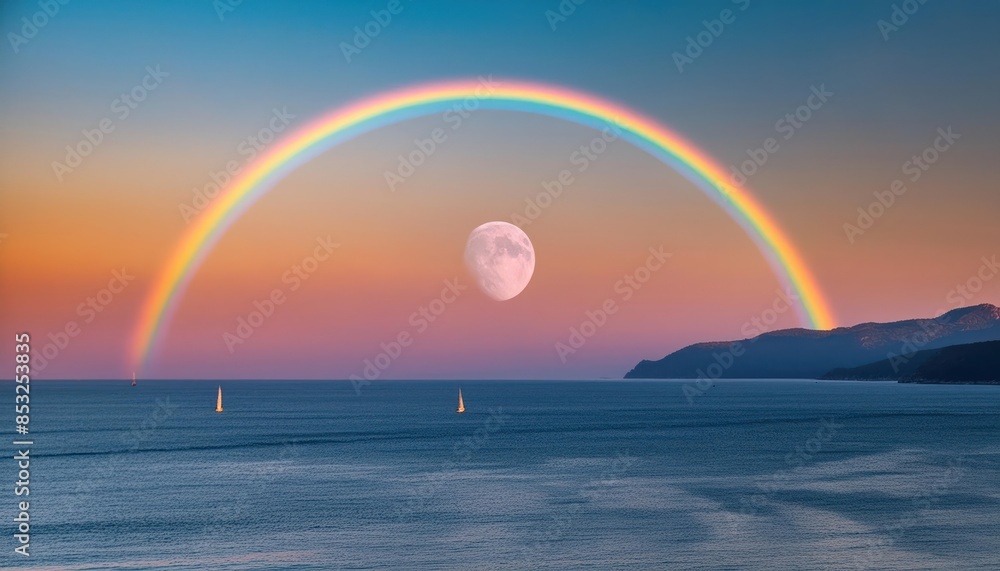 Abstract background of amazing crescent moon over the sea with rainbow at sunset Abstract background of amazing crescent moon over the sea with rainbow at sunset