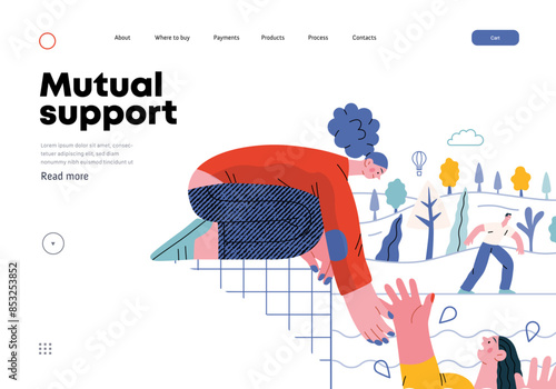 Mutual Support: Save a drowning person -modern flat vector concept illustration of woman reaching out to drowning woman A metaphor of voluntary, collaborative exchanges of resource, services