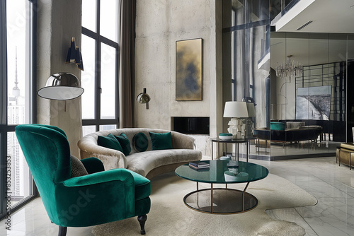 High-rise loft apartments interior details by Irakli Zaria Interiors，velvet couch and chair，coffee table，lamps，in the style of dark sliver and dark white，17th century art，luxurious fabric，1650–present