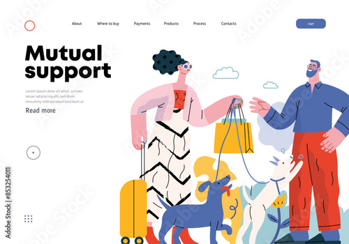 Mutual Support: Pet-sitting -modern flat vector concept illustration of a woman going on vacation leaving her dogs with neighbor. A metaphor of voluntary, collaborative exchanges of resource, services
