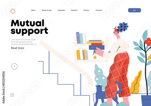 Mutual Support: Book Swap -modern flat vector concept illustration of a woman leaving books on a shelf in hallway for neighbors A metaphor of voluntary, collaborative exchanges of resource, services
