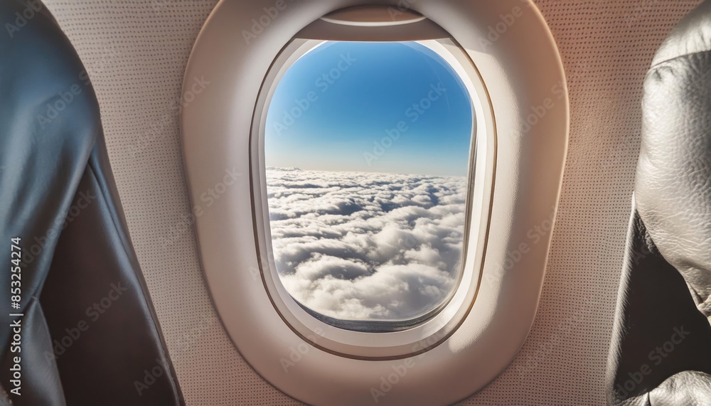 Airplane a window with aerial view of clouds Airplane a window with aerial view of clouds