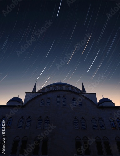 a star filled sky with a mosque in the background.