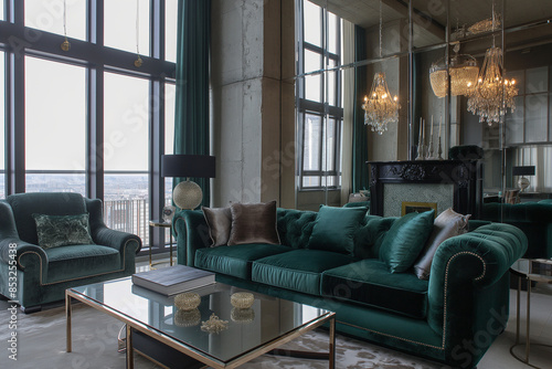 High-rise loft apartments interior details by Irakli Zaria Interiors，velvet couch and chair，coffee table，lamps，in the style of dark sliver and dark white，17th century art，luxurious fabric，1650–present