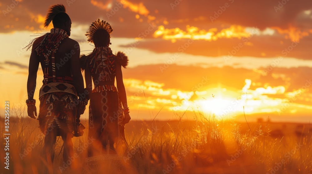 Fototapeta premium Silhouette of a couple in African attire walking into the sunset