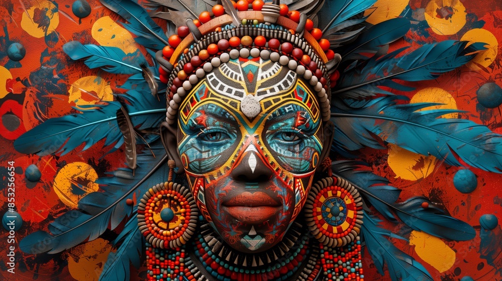 Illustration of a traditional African mask with elaborate decorations Illustration of a traditional African mask with elaborate decorations