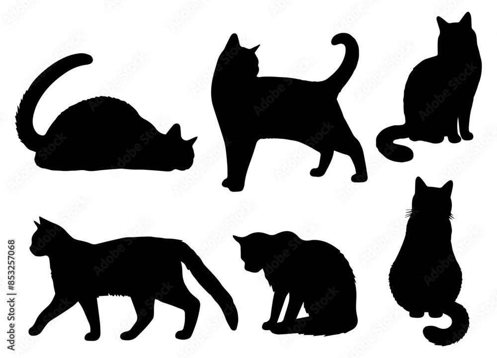 Vector illustration. Silhouettes of black cats. Set of animal stickers. Large set. Vector illustration. Silhouettes of black cats. Set of animal stickers. Large set.