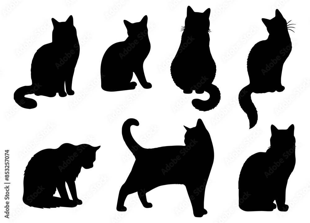 Vector illustration. Silhouettes of black cats. Set of animal stickers. Large set. Vector illustration. Silhouettes of black cats. Set of animal stickers. Large set.