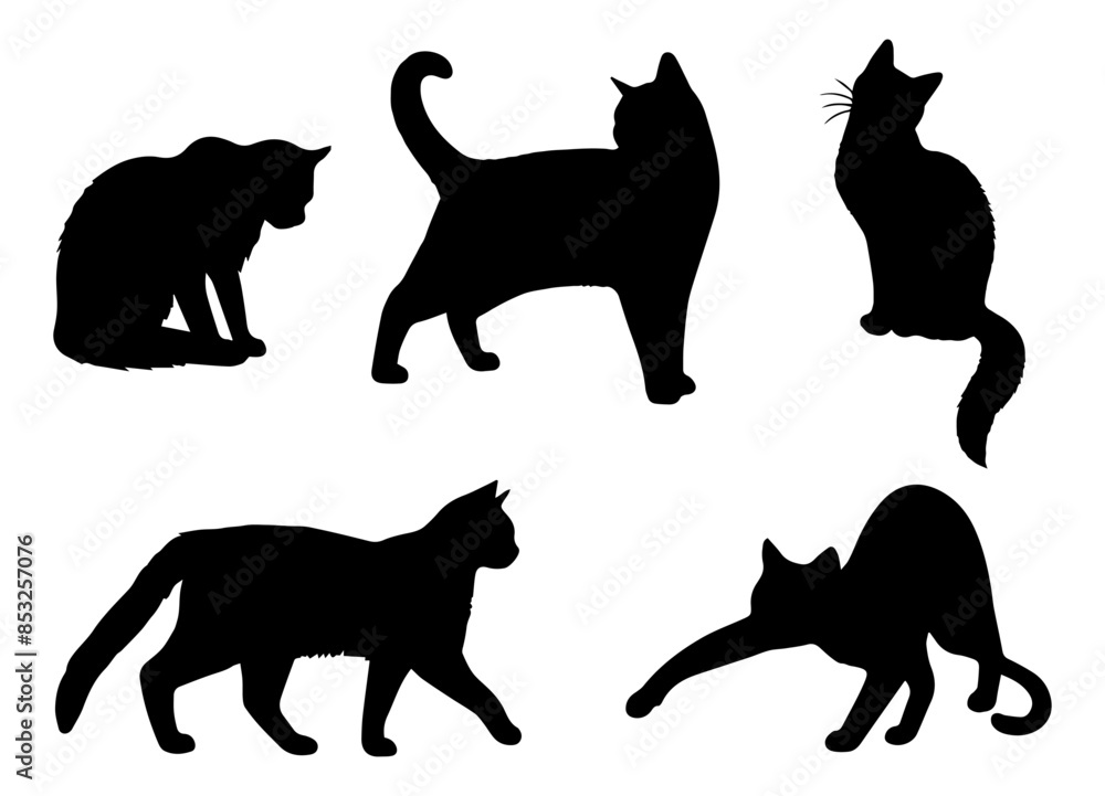 Vector illustration. Silhouettes of black cats. Set of animal stickers. Large set.	
