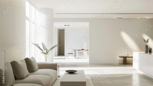 A sleek urban apartment's interior, with a clean white canvas and sparse contemporary decor, Modern minimalist style
