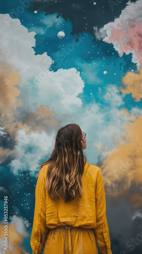 A woman in a yellow dress stands facing a wall mural depicting a night sky with clouds. She looks up at the mural with a sense of wonder and curiosity © sommersby