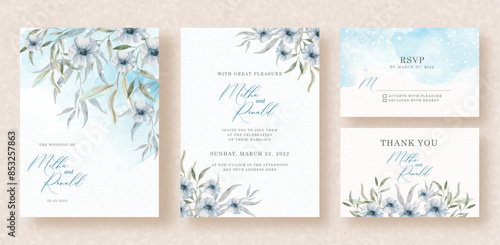 purple flowers arrangement watercolor painting with blue splash on wedding invitation background