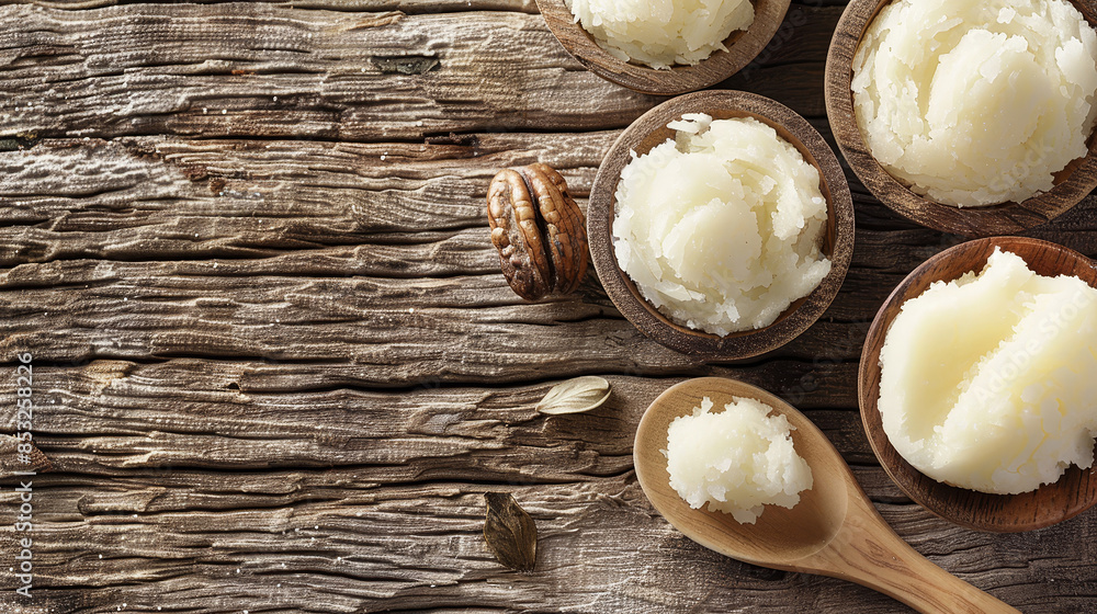 A close-up of Shea butter in a wooden spoon, surrounded by bowls filled with Shea butter, set against a warm wooden background, highlighting its rich texture and natural appeal. A close-up of Shea butter in a wooden spoon, surrounded by bowls filled with Shea butter, set against a warm wooden background, highlighting its rich texture and natural appeal.