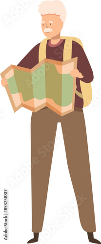 Senior tourist with backpack holding a map and deciding where to go