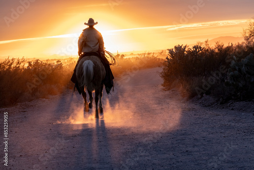 Silhouette of ranch hand, or cowboy, riding his horse in the sunset.