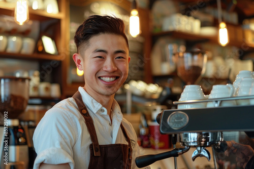 Promotional Photoshoot: Young Male Barista, Professional Environment, Diverse Workforce, Corporate Photography, Team Collaboration, Engaged Employees, Authentic Work Settings.