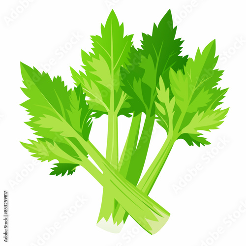 Flat vector image of green celery stalks with leaves, shown whole and chopped, on a white background.