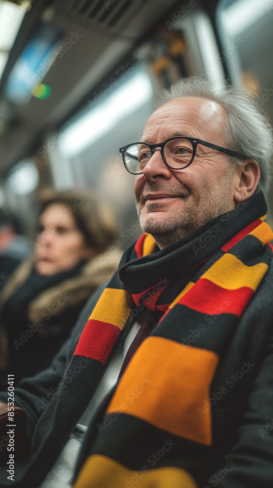 Side-view photography of a middle aged german with a light satisfied smile on his face sitting on a subway train wearing suit and tie and a soccer scarf with black red yellow stripes Side-view photography of a middle aged german with a light satisfied smile on his face sitting on a subway train wearing suit and tie and a soccer scarf with black red yellow stripes