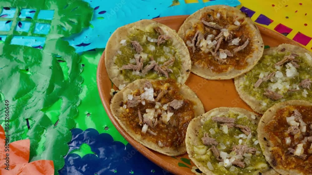 Chalupas with Mexican party decoration close up, travel shot left Chalupas with Mexican party decoration close up, travel shot left