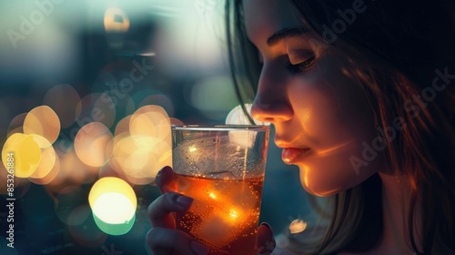 A woman is holding a highball glass filled with whiskey and ice cubes, a classic choice of drinkware for enjoying a refreshing alcoholic beverage AIG50