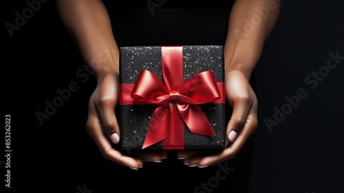 Black Gift Box with Red Ribbon Held by Hands photo