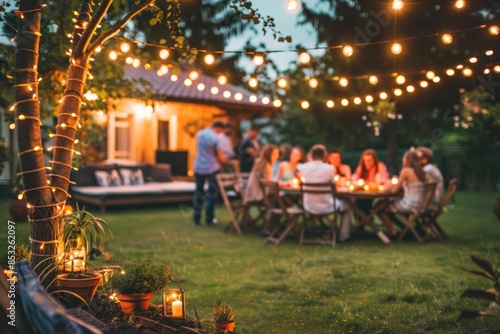 Group of people gathered in a backyard on a summer evening