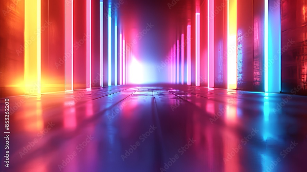 A long hallway with neon lights and a blue light in the middle A long hallway with neon lights and a blue light in the middle