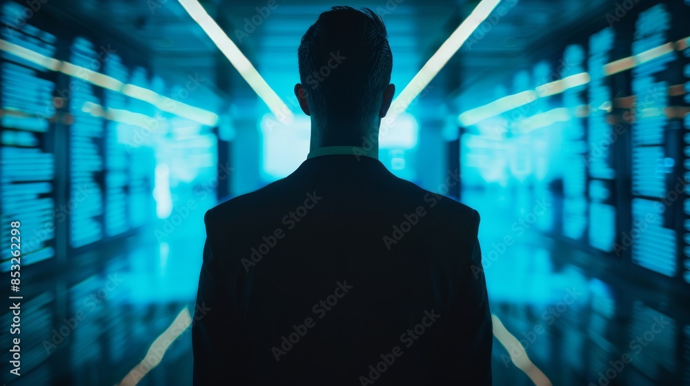 A man in a suit stands in front of a wall of computer monitors A man in a suit stands in front of a wall of computer monitors