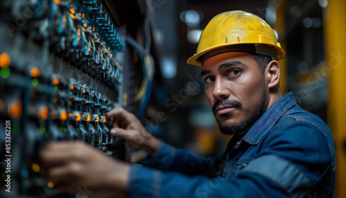 Confident engineer with a hard hat examining indoor electrical components